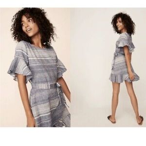 EXPRESS Linen Striped Flutter Sleeve Wrap Dress